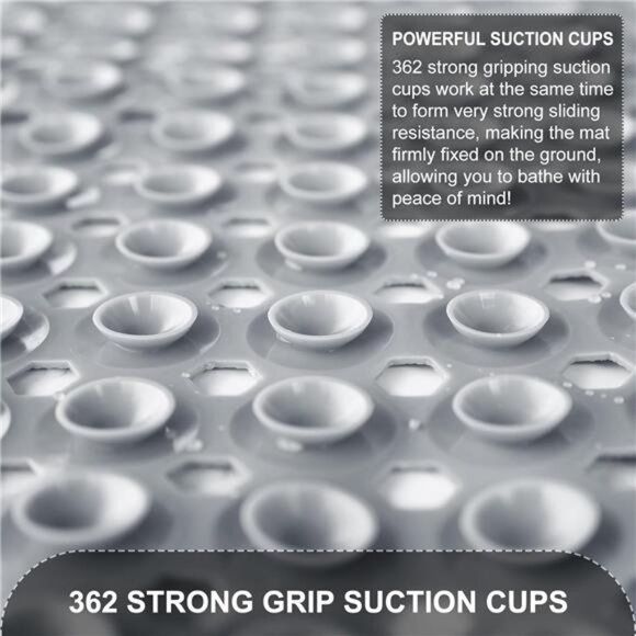 Non Slip Bath Mat Large Bathtub Shower Mat Suction Cups Drain Holes Gray PVC - Picture 3 of 7